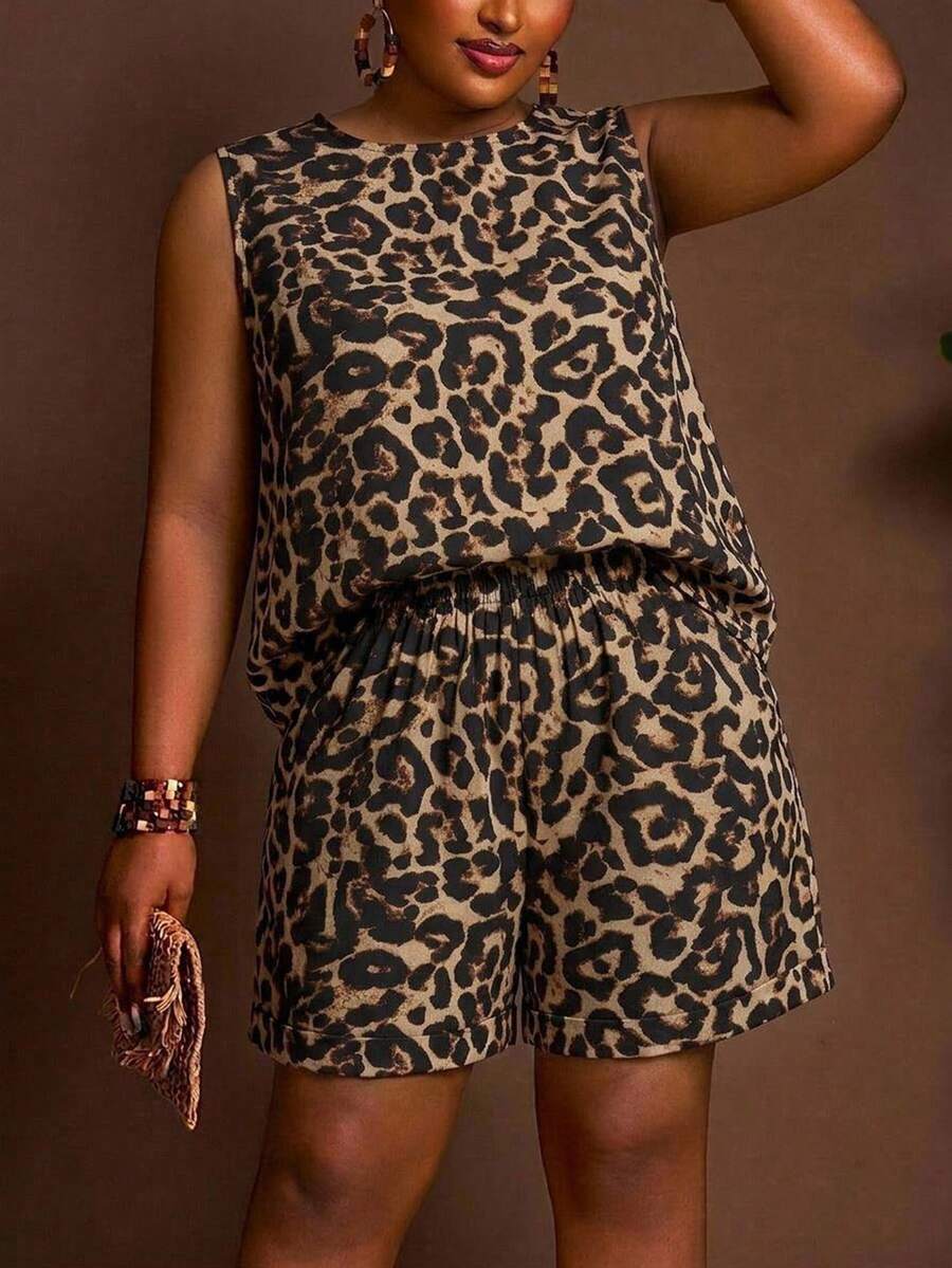 Slaydiva Leopard Print Y2K Style Tank Top & Shorts 2 Pieces Set, Plus Size, Suitable For Beach, Music Festival, Travel And Daily Wear - Multicolor - View 1