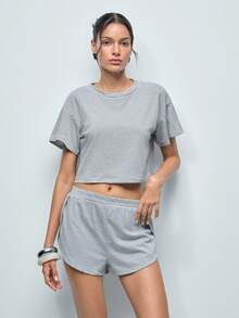 Softvol Set de 2 piezas compuesto por top holgado de punto a rayas con abertura lateral y shorts, conjunto informal de ropa de estar en casa - Negro - Ver 4