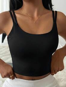 DAZY 純色無縫加墊雙肩帶運動內衣，極簡風女款運動內衣 - 黑色 - 查看 6