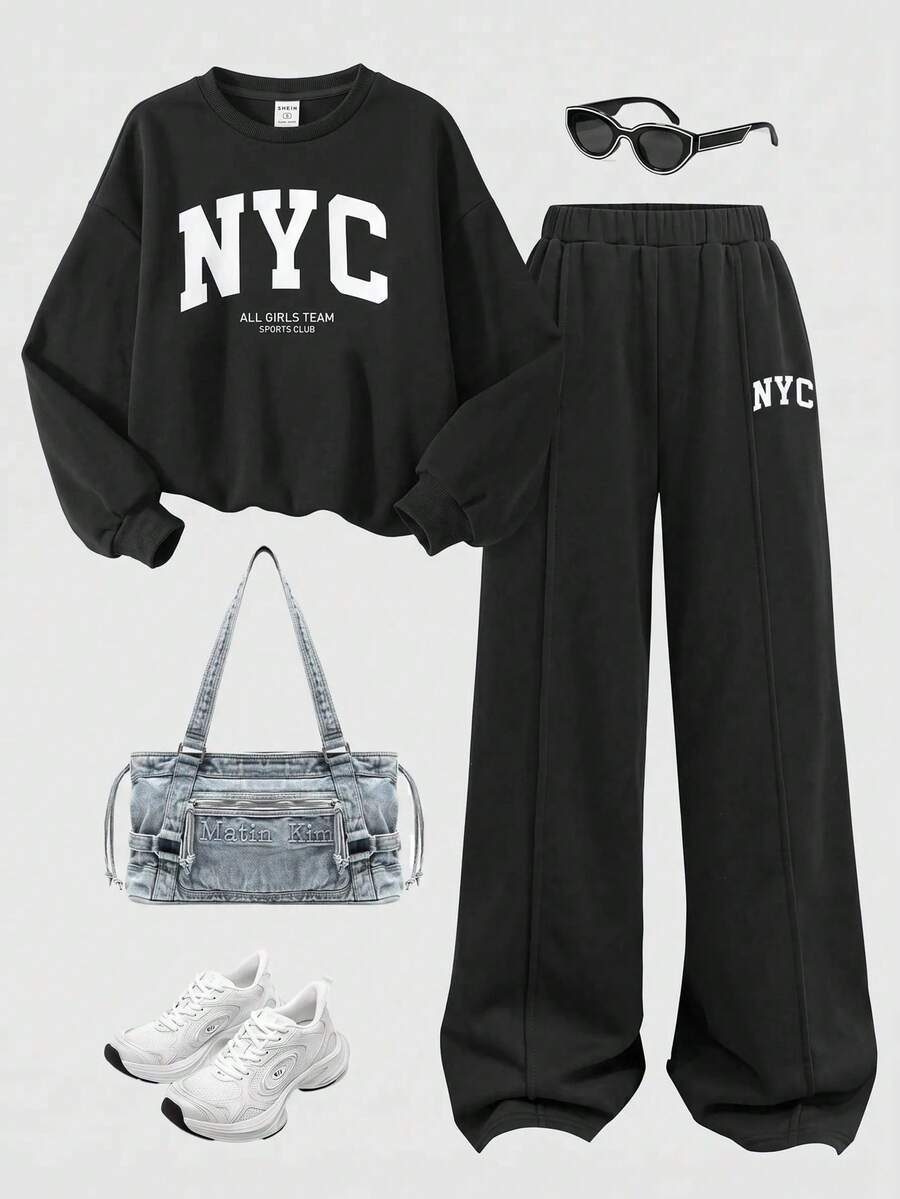 SHEIN Girlism 青少年女孩秋冬休閒保暖內裡加厚運動衫套裝,紐約市印花,寬鬆圓領落肩長袖套頭衫,搭配印花百褶寬腿直筒運動長褲,2件式運動風套裝,深灰色 - 深灰色 - 查看 1