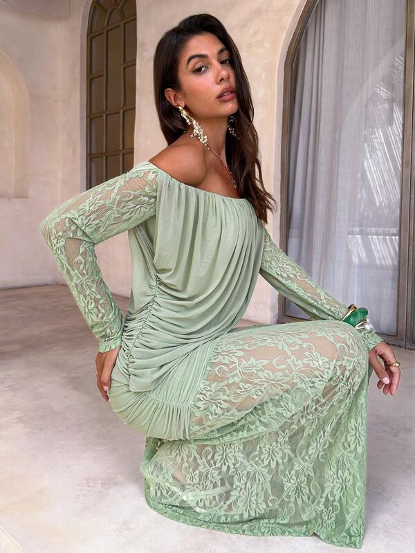 Aloruh Women's Elegant Commute Date Party Lace Knit Patchwork Green Sexy Off-Shoulder Long Dress
