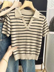 SHEIN 春夏休閒條紋短袖針織上衣 - 卡其色 - 查看 7