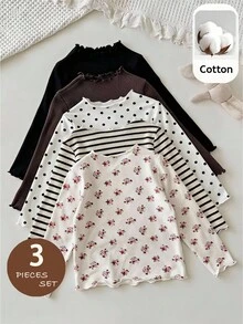SHEIN 3pcs Baby Girl Knitted Cute Floral, Polka Dot & Striped Pattern T-Shirt Set - Multicolor - View 6