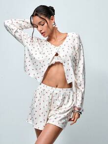 Softvol 2pcs Women's Round Neck Drop Shoulder Print Cardigan + Elastic Waist Button Front Shorts Set - White - View 7