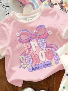 可愛彩虹獨角獸 Pre School Here I Come 女嬰休閒圓領短袖T恤3件套，適合日常穿著、返校季，甜美女孩風，時尚女童校園穿搭 - 彩色 - 查看 5