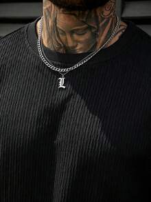 Manfinity CasualCool 男士藍色紋理百褶成熟風T恤，適合春夏 - 黑色 - 查看 6