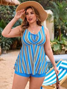 Swim Lushoire Plus Size Women 2pcs Set Random Print Tank Top Drawstring Front Tummy Control Slimming Minimalist Vacation Beach Swimsuit Set - Multicolor - View 6