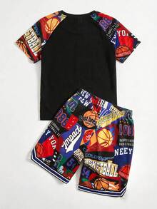 SHEIN Tween Boy Letter Print Raglan Short Sleeve T-Shirt And Knit Shorts 2 Pieces Set - Multicolor - View 3
