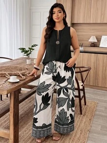 Weeklong Women's Plus Size Spring/Summer Botanical Print Button Decor Casual Vacation 2-Piece Set Vacation Emerald Green White Vacation Tropical - Multicolor - View 3