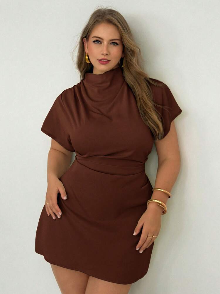 Auralis Plus Size New Summer Chocolate Brown Cinched Waist Pleated Slimming Commuter A-Line Mini Dress Elegant Casual Office Bussines Formal Workplace Outfit - Brown - View 4