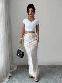 SHEIN Raffinéa Women's Lace Print Side Slit Skirt - White - View 6