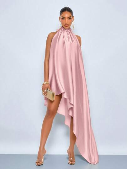SOLERSUN Spring/Summer Women's Wear: Elegant Perfect For Parties Formal Mother Of The Bride Official Wedding Dusty Pink Glossy Satin Sleeveless Maxi Dress
