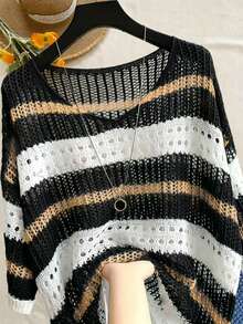 EMERY ROSE Plus-Size Round-Neck Knit Top With Contrast Stripes, Cutout & Crochet Details. Loose Fit, Simple & V - Black - View 1