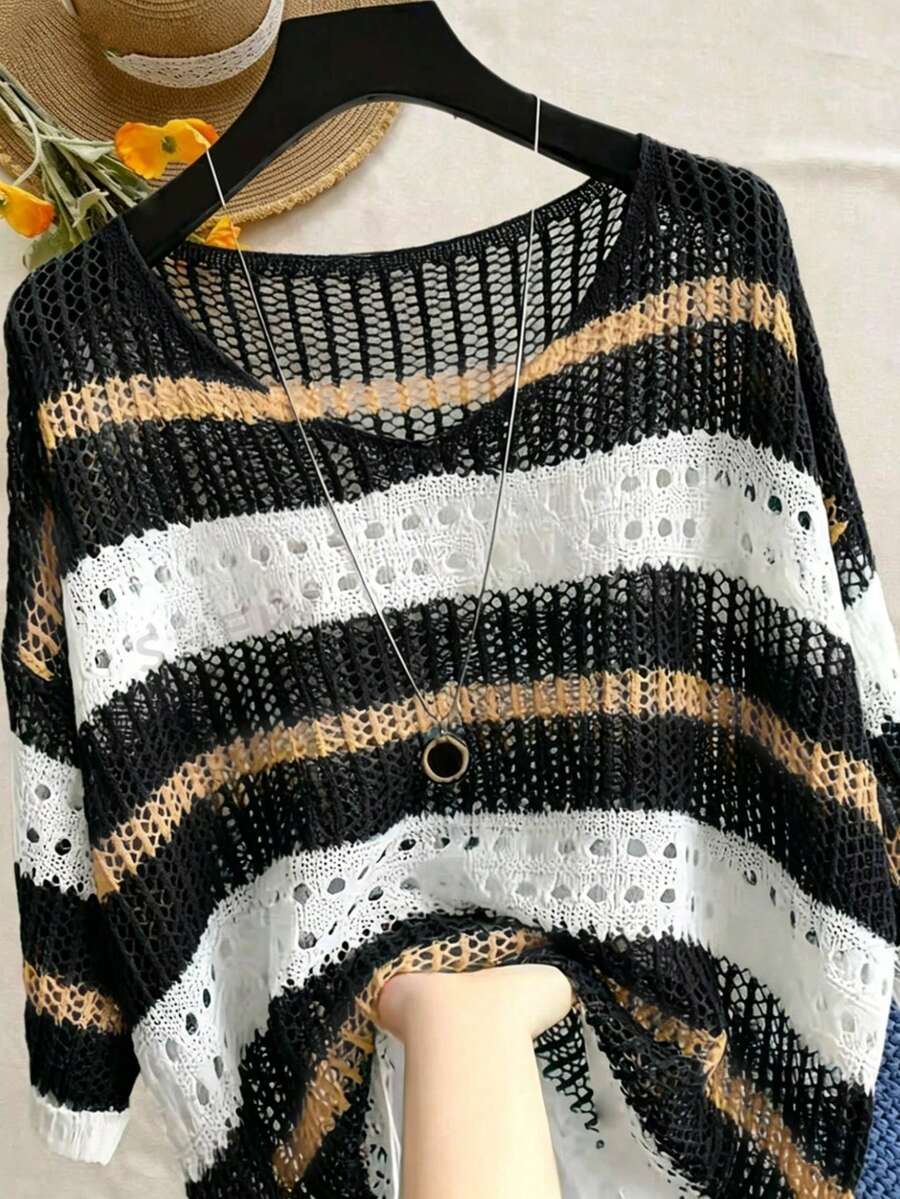 EMERY ROSE Plus-Size Round-Neck Knit Top With Contrast Stripes, Cutout & Crochet Details. Loose Fit, Simple & V - Black - View 1