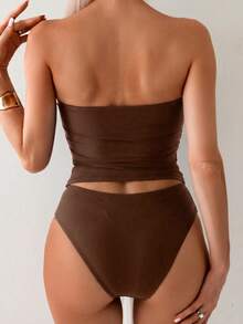 Swim Lushoire Elegant Versatile Slimming Ruched Strappy Bandeau Top - Mocha Brown - View 5