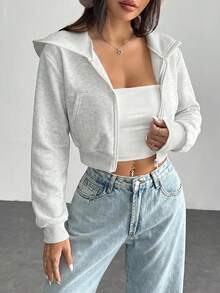 SHEIN PETITE 女款純色前拉鍊長袖口袋極簡連帽夾克 - 淺灰色 - 查看 5