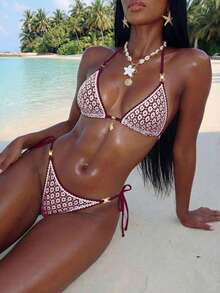 Swim Vcay Bolso triangular sexy con decoración de perlas y flor de concha de unicolor y tejido calado para mujer - Burdeos - Ver 2