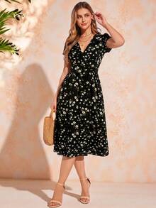 Amorya Women's Floral V-Neck Pocket Elegant Vacation Dress - Black - View 3