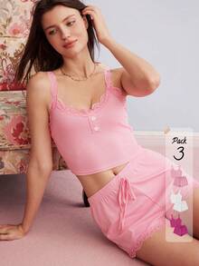 Elorette 3件套女士纯色蕾丝吊带上衣和短裤睡衣套装 - 彩色 - 查看 2