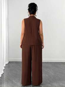 SHEIN Clasi Plus Size Summer Casual Elegant Solid Color Tank Top Pants 2 Pieces Set Brunch Formal Brown - Brown - View 2