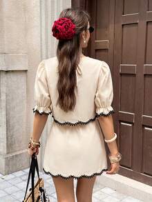 Conjunto de 2 piezas de top y falda para mujer con manga de pétalo, bordado de hojas y cuello redondo para uso diario en verano - Albaricoque - Ver 8
