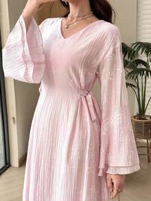 Yasmyna V-Neck Double-Sided Tie Multi-Layer Ruffle Cuff Foamed Print Pink Dress - Pink - View 5
