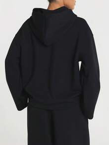 11SKNDS Oversized Cropped Hoodie With Wide Sleeves And Logo Detail, Relaxed Fit Pullover Sweatshirt For Casual Fall Winter Everyday Wear - Black - View 2