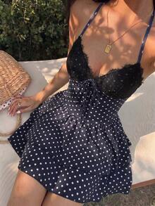 Sunnyshic Women's Black Polka Dot Print Mini Dress, Summer Lace Patchwork V-Neck Halter Tie Back Open Back Cinched Waist Double Layer Ruffle Hem, Elegant Vintage Sweet Romantic Versatile For Vacation Beach Shopping Date - Navy Blue - View 6