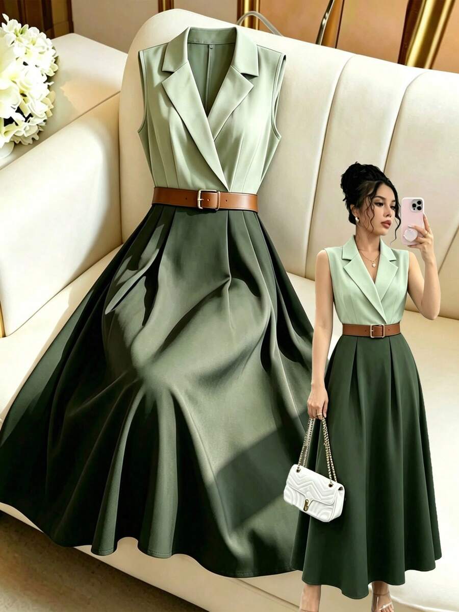 GlowEve Vestido elegante sin mangas con bloqueo de color, fruncido y envolvente, para primavera/verano - Multicolor - Ver 1