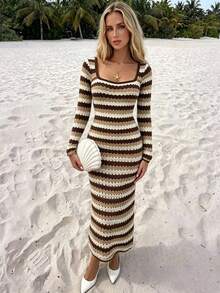SHEIN Women's U-Neck Striped Colorblock Fitted Waist Long Sleeve Sweater Dress - Multicolor - View 3