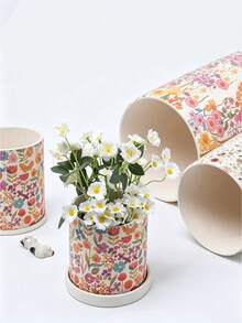 Haus Hana 1pc Cute Nordic Floral Print Ceramic Pot, Round Breathable Terracotta Planter With Drainage Hole For Succulents & Phalaenopsis - multicolor - View 7