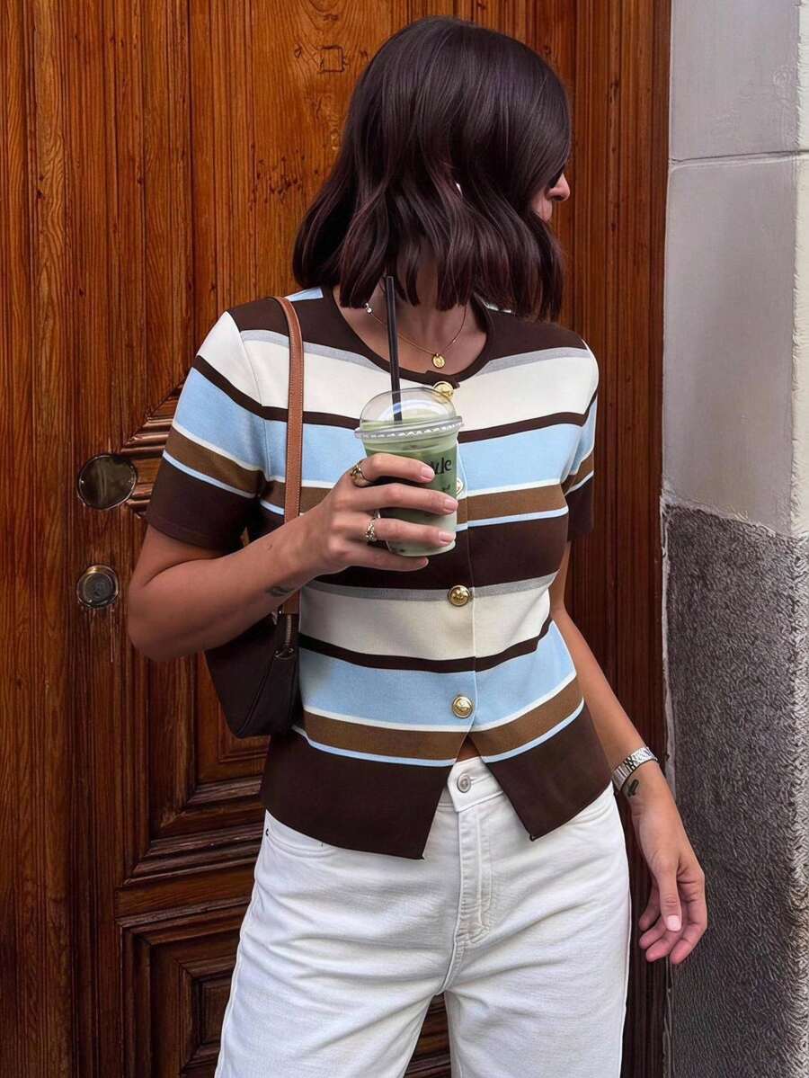 Siren Gaze Women's Brown Striped Knit Short Sleeve Crew Neck Cardigan,Summer Classy Preppy Style Top,Paris Brunch American Campus Loose Casual Spring Top