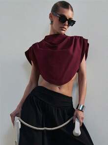 Hauture Women's Draped Shoulder Impact High Neck Crop Top Office Wear - Khaki - View 3