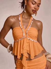 MUSERA Top Coord con cuello halter, drapeado, volantes, fluido y adornado con conchas, solo el top - Naranja - Ver 2