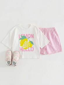 SHEIN 女童字母柠檬印花短袖T恤和短裤休闲日常穿搭 - 粉色 - 查看 4