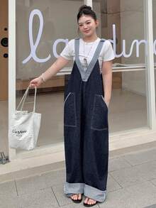 Dazy Plus Overall Denim Kasual Longgar Panjang Tanpa Lengan dengan Potongan Garis-garis dan Leher V Dalam untuk Wanita Ukuran Plus, Cocok untuk Musim Semi, Musim Panas, dan Musim Gugur. - Dark Wash - View 4