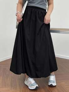 Dazy Plus Elastic Waist Solid Color Casual A-Line Long Tulip Skirt Black Versatile Spring Summer Autumn Skirt Cute Tops - Black - View 5