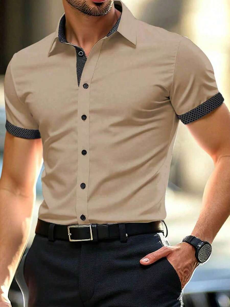Manfinity Mode 男士休閒街頭風短袖正式襯衫,夏季,儀式 - 卡其色 - 查看 1