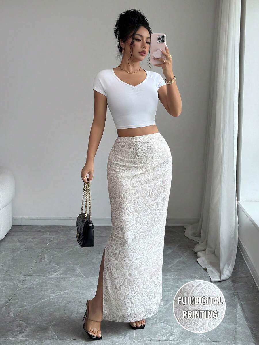 SHEIN Raffinéa تنورة نسائية بطبعة دانتيل وفتحة جانبية - أبيض - مشاهدة 1
