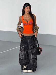 Fiercella Fiercella 女士千禧年风格Y2K黑色休闲街头风无袖上衣，饰有水钻，修身设计 - 亮橙色 - 查看 4