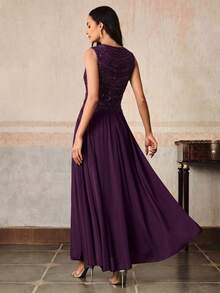 Anewsta Women's New Elegant Sequin Beaded Pleated Chiffon Waist-Cinching Dress, Suitable For Spring/Summer Daily Wear, Party, Evening Dress, Outing, Purple - Purple - View 7