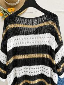 EMERY ROSE Plus-Size Round-Neck Knit Top With Contrast Stripes, Cutout & Crochet Details. Loose Fit, Simple & V - Black - View 2