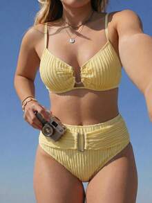 Swim Vcay 2026 New Spring/Summer Yellow Textured Fabric Silver U-Shaped Decor Bikini Set Suitable For Beach And Vacation - Yellow - View 3
