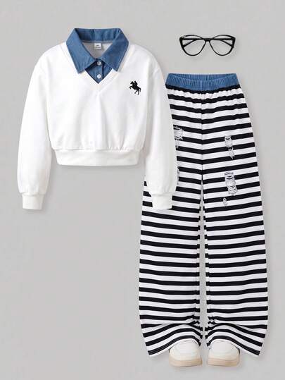 SHEIN Tween Girl White 2 In 1 Collar Top + Striped Pants 2 Pieces Set, Spring/Autumn