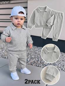 SHEIN 2pcs Toddler Baby Boy Casual Chic Solid Plain Long Sleeve Collared Soft Squishy Hoodies Sweat Pants 2 Piece Sets Outfits Clothes Spring Fall Winter - White - View 1