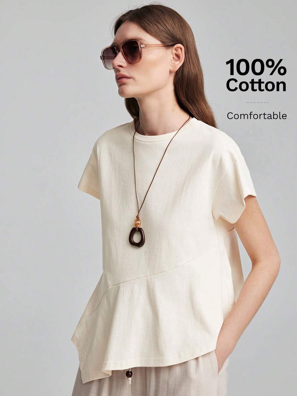 2026 New Summer Women's Loose Fit Cream White Short Sleeve T-Shirt Knit Fabric Round Neck Ruffle Hem Asymmetric Design Casual Modest Commute Home