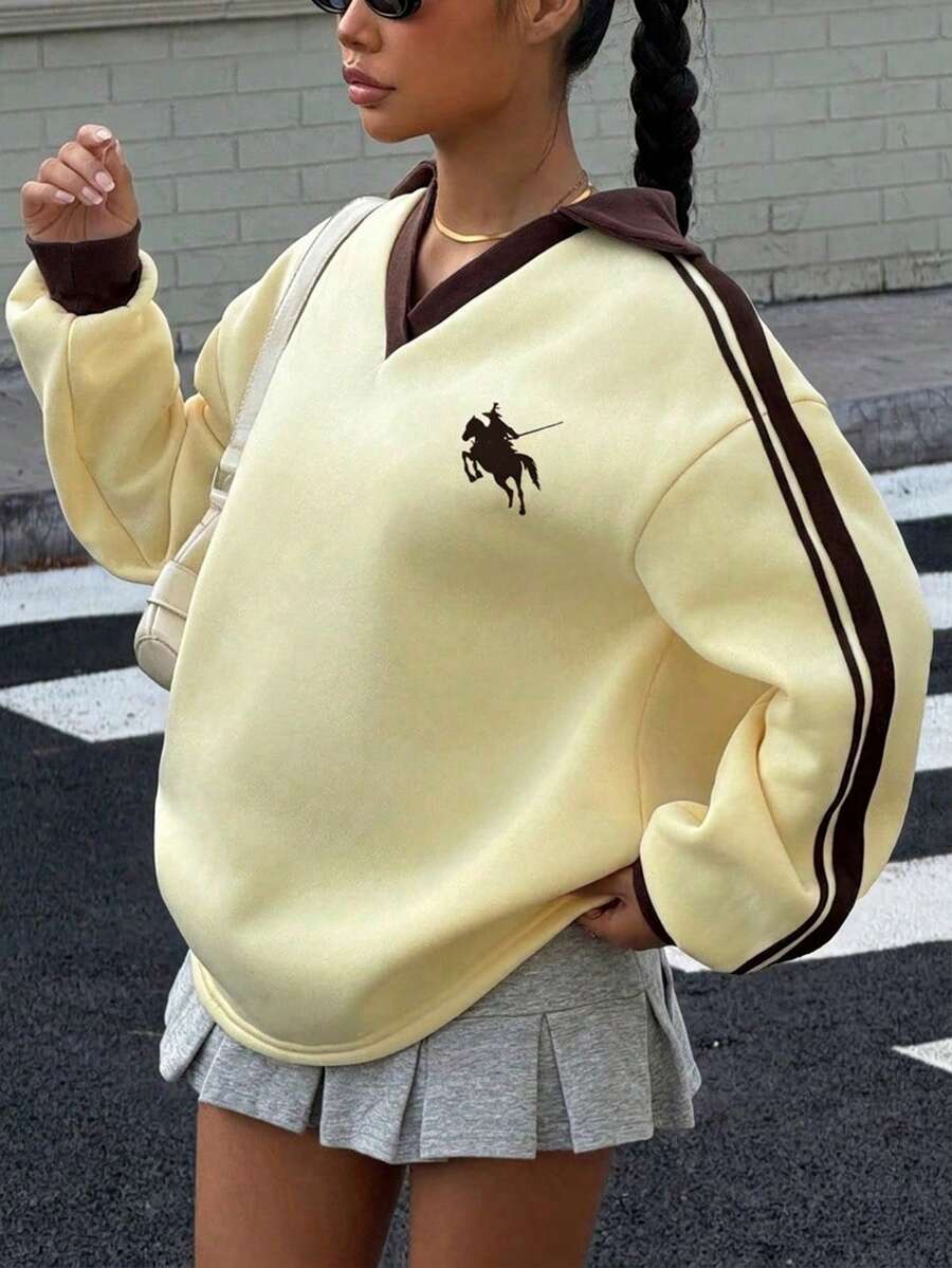美式復古學院風豹紋拼色條紋印花 98號 青少年女孩休閒寬鬆V領運動衫 返校季 Y2K 音樂祭 BM 戶外野餐 出遊 街頭風 校園 - 彩色 - 查看 1