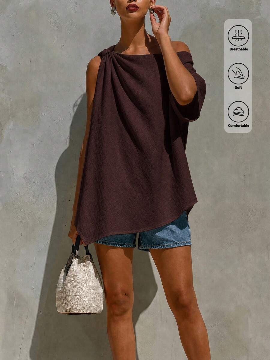 SHEIN Holidaya 女款露肩不對稱下擺上衣,度假休閒深棕色夏季款 - 棕色 - 查看 1