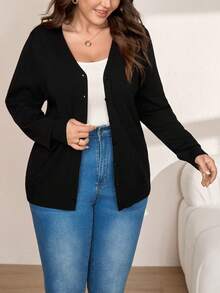 SHEIN LUNE Women's Plus Size Casual Versatile Solid Color Cardigan , Back To School Going Out Office Wear , Autumn Winter - Black - View 7