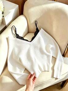 SHEIN Franclia كنزة نسائية 2 في 1 بتصميم مرقع كاجوال متعددة الاستخدامات للارتداء اليومي بأكمام طويلة - أبيض - مشاهدة 2